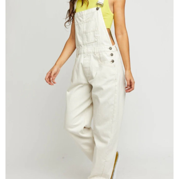 FREE PEOPLE Y2K Baggy Preppy Ziggy Denim Overalls Ivory Medium A004382 - Picture 2 of 15